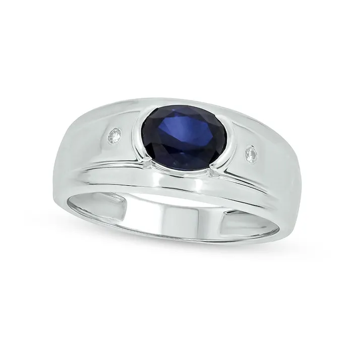 Rings Mens Sideways Oval Blue LabCreated Sapphire and Diamond Accent Bevelled Edge Ring in Sterling Silver Goldia Rings Mens Sideways Oval Blue LabCreated Sapphire and Diamond Accent Bevelled Edge Ring in Sterling Silver Goldia
