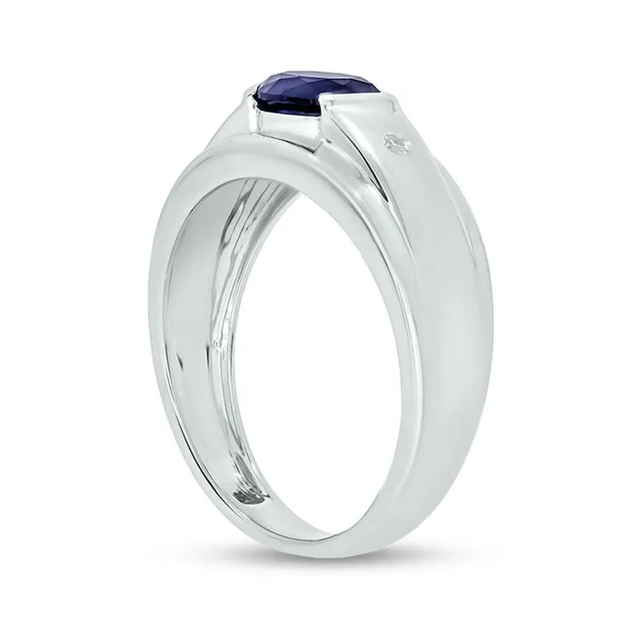 Rings Mens Sideways Oval Blue LabCreated Sapphire and Diamond Accent Bevelled Edge Ring in Sterling Silver Goldia Rings Mens Sideways Oval Blue LabCreated Sapphire and Diamond Accent Bevelled Edge Ring in Sterling Silver Goldia