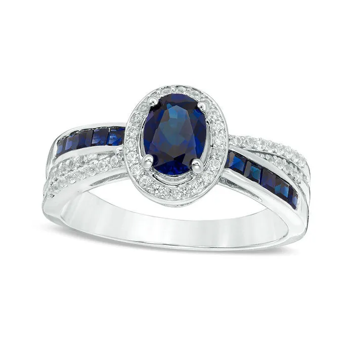 Rings Oval LabCreated Blue and White Sapphire Frame Crossover Shank Ring in Sterling Silver Goldia Rings Oval LabCreated Blue and White Sapphire Frame Crossover Shank Ring in Sterling Silver Goldia