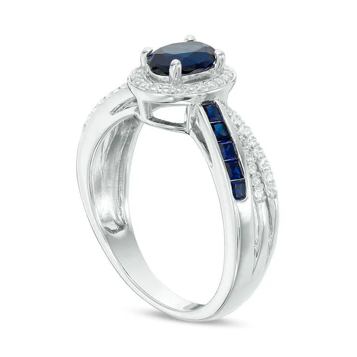 Rings Oval LabCreated Blue and White Sapphire Frame Crossover Shank Ring in Sterling Silver Goldia Rings Oval LabCreated Blue and White Sapphire Frame Crossover Shank Ring in Sterling Silver Goldia