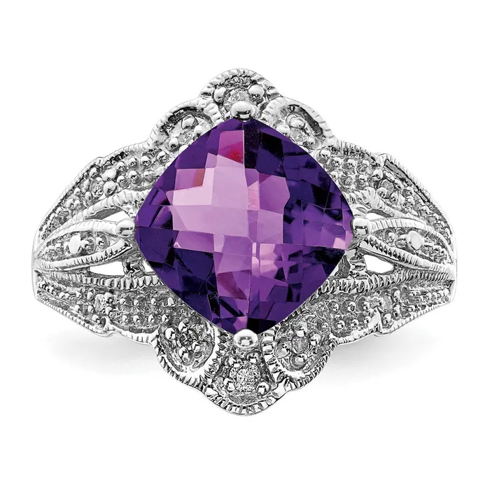 Rings Sterling Silver Rhodiumplated CheckerCut Amethyst u0026 Diamond Ring Goldia