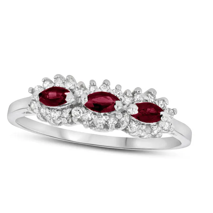 Sideways Marquise Ruby and 020 CT TW Natural Diamond Frame Three Stone Ring in Solid 14K White Gold Goldia Rings Sideways Marquise Ruby and 020 CT TW Natural Diamond Frame Three Stone Ring in Solid 14K White Gold Goldia Rings