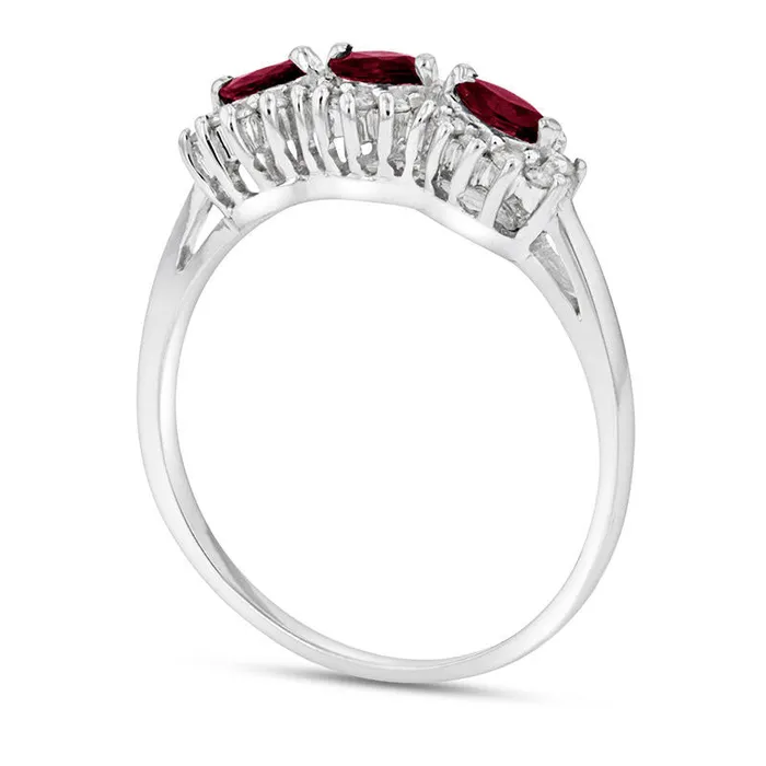 Sideways Marquise Ruby and 020 CT TW Natural Diamond Frame Three Stone Ring in Solid 14K White Gold Goldia Rings Sideways Marquise Ruby and 020 CT TW Natural Diamond Frame Three Stone Ring in Solid 14K White Gold Goldia Rings