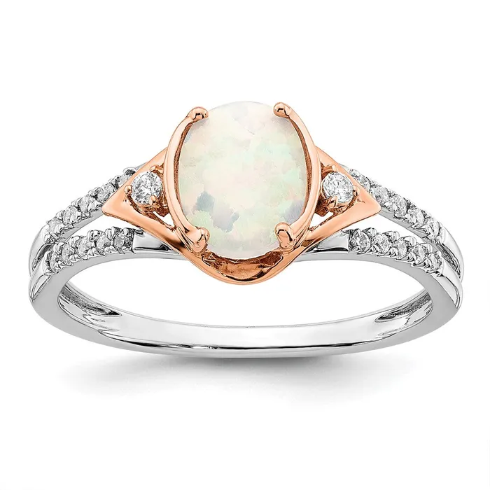 Solid 14k Twotone Created Simulated Opal and CZ Ring Goldia Rings