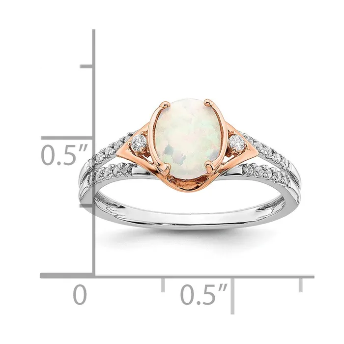 Solid 14k Twotone Created Simulated Opal and CZ Ring Goldia Rings