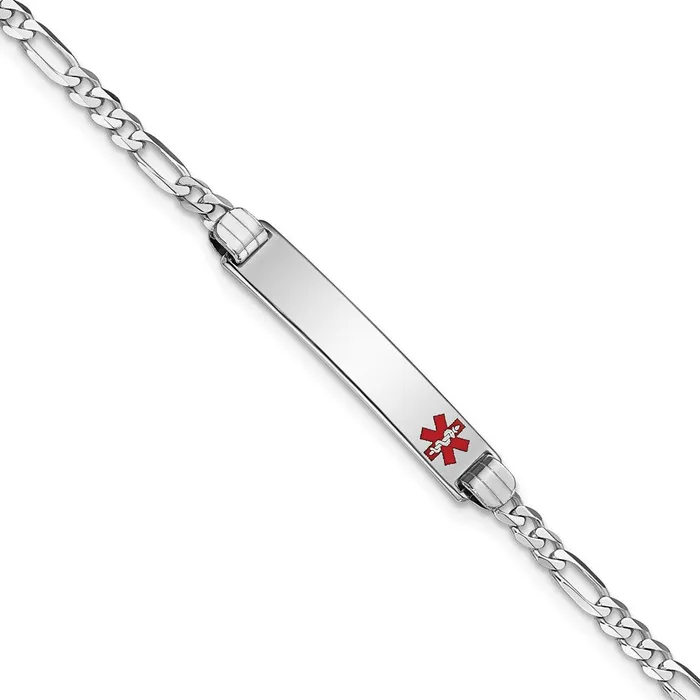 Solid 14K White Gold Medical Red Enamel Figaro Link ID Bracelet MDS Bracelets