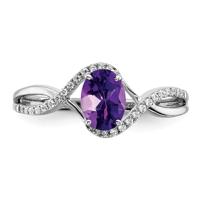 Solid 14k White Gold Oval Simulated Amethyst and CZ Twist Ring Goldia Rings