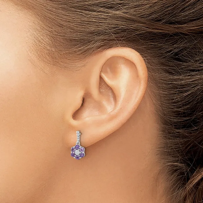 Solid 14k White Gold Simulated Amethyst and CZ Earrings Goldia Earrings
