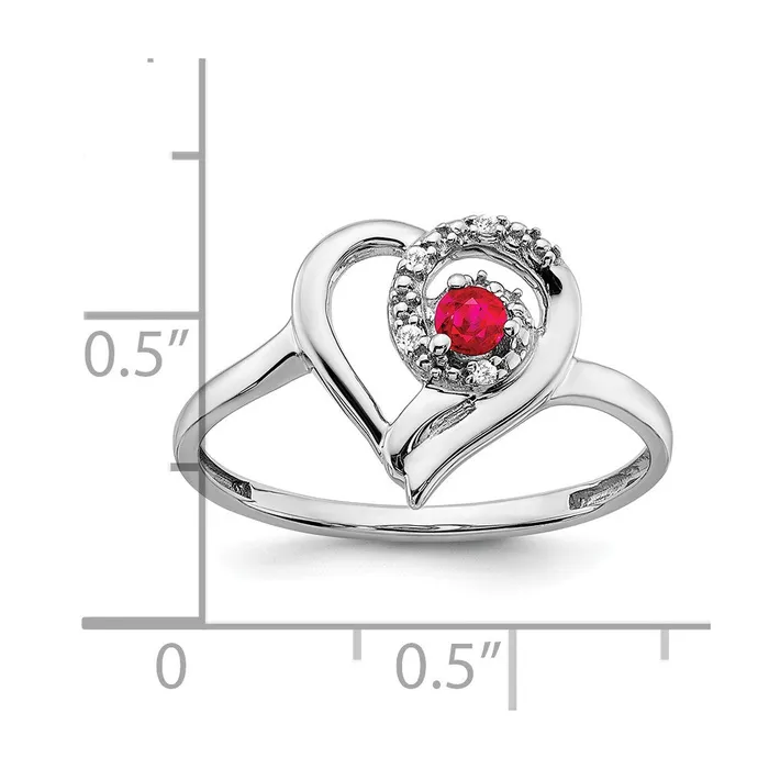 Solid 14k White Gold Simulated Ruby and CZ Heart Ring Goldia Rings