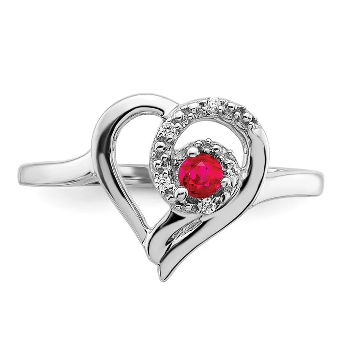 Solid 14k White Gold Simulated Ruby and CZ Heart Ring Goldia Rings
