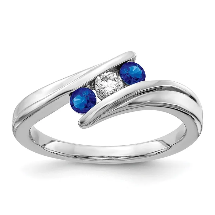 Solid 14k White Gold Simulated Sapphire and CZ 3stone Ring Goldia Rings