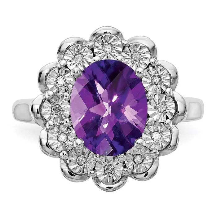 Sterling Silver Rhodiumplated Diamond u0026 CheckerCut Amethyst Ring Goldia Rings